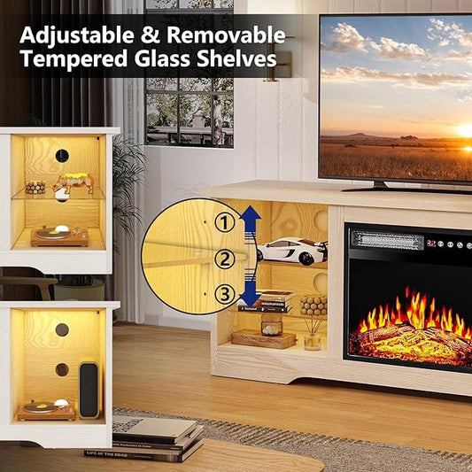 TAVATA Fireplace TV Stand with 18''Fireplace, Modern Entertainment Center for TVs up to 65 inch, Media TV Console with Adjustable Glass Shelves and Storage Cabinets (Beige)