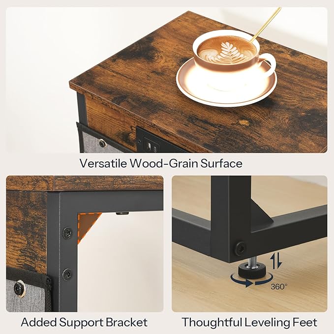 HOOBRO C Shaped End Tables with Charging Station, Set of 2, 30” Adjustable Height Sofa Side Tables, Slide Under Couch Tables for Sofa Arm Tray, for Living Room, Bedroom, Rustic Brown BF77USFP201