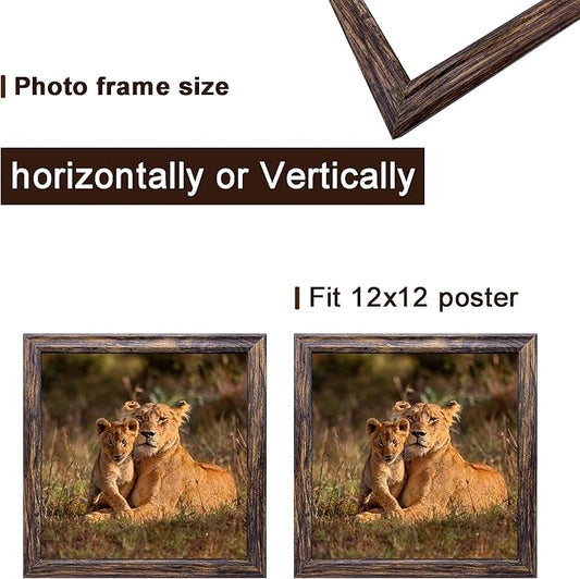 12x12 in Picture Frame set of 3, Horizontal and Vertical Formats for Wall Hanging, 12 x 12 Square Wall Gallery Poster Photo Frame Brown with Shatter Resistant Plexiglass,best gift