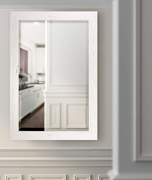 Renditions Gallery Rectangular Brite White Wood Framed Body Mirror Verticle Or Horizontal Farmhouse Wall Mounted Decorative Mirror for Bedroom Living Room Home Boho Decor - 41"x29" LT07