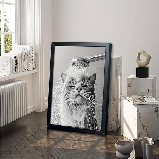 XYHYRA Cute Cat Bathroom Decor Funny Animal Bathroom Wall Art Cat Bathing Wall Decor Poster Painting Black and White Canvas Print Artwork Modern Farmhouse Restroom Home Decoration 16x24 Inch Wood Framed