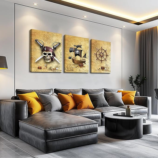 Pirate ship and rudders Canvas Wall Art for Living Room Bedroom Decoration wall painting,Bathroom Wall Decor Home Decoration kitchen posters artwork,Adventure map decoration 16x12 inch/ 3 piece set