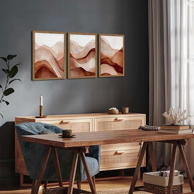 raiqtols Abstract Terracotta Watercolor Canvas Wall Art Set of 3 – Framed Boho Modern Wall Decor, Neutral Gallery Wall Art Prints with Wooden Frame for Living Room Bedroom Home Decor – 16x24in