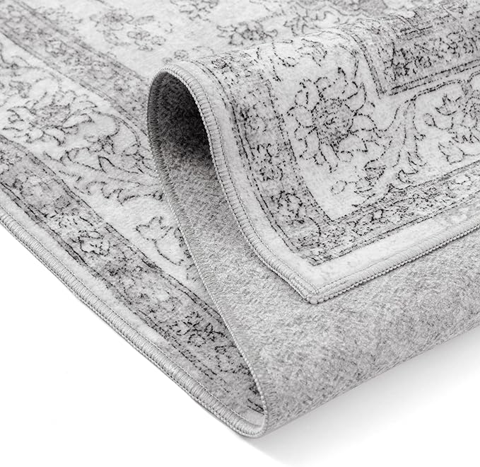 PureCozy Grey Gray Area Rug 2x3 Washable Vintage Small Carpet for Entryway Kitchen Soft Retro Low Pile Thin Door Mat Non Slip Oriental Medallion Throw Rug for Bathroom Office Bedroom Dining Room