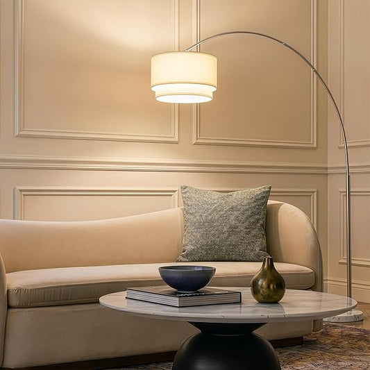 Brightech Mason Arc Floor Lamp - Modern Corner Standing Lamp with Unique Hanging Drum Lamp Shade for Living Room - Bright Overhead, Curved Hanging Light for Bedroom. Library, Den - Nickel