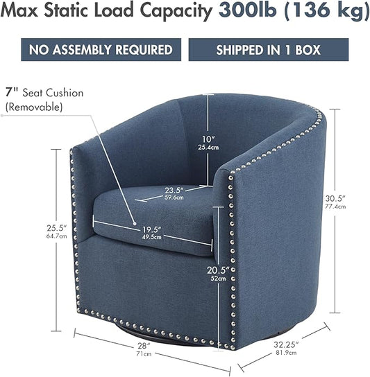 Madison Park Swivel Barrel Accent Chair, Upholstered Curved Back with 7-Inch Thick Woven Cushion, 360° Swivel, Nailhead Trim, Comfy Chair for Living Room, Bedroom, Office, 28" Wide, Blue, Tyler