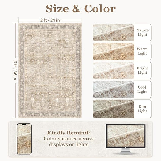 Beige Entryway Rug Indoor, 2x3 Small Door Rugs for Entry Way/Kitchen/Bathroom, Washable Non Slip Low Pile Thin Door Mat Indoor Entrance, Vintage Neutral Earth Tone Rug with Decorative Fringe