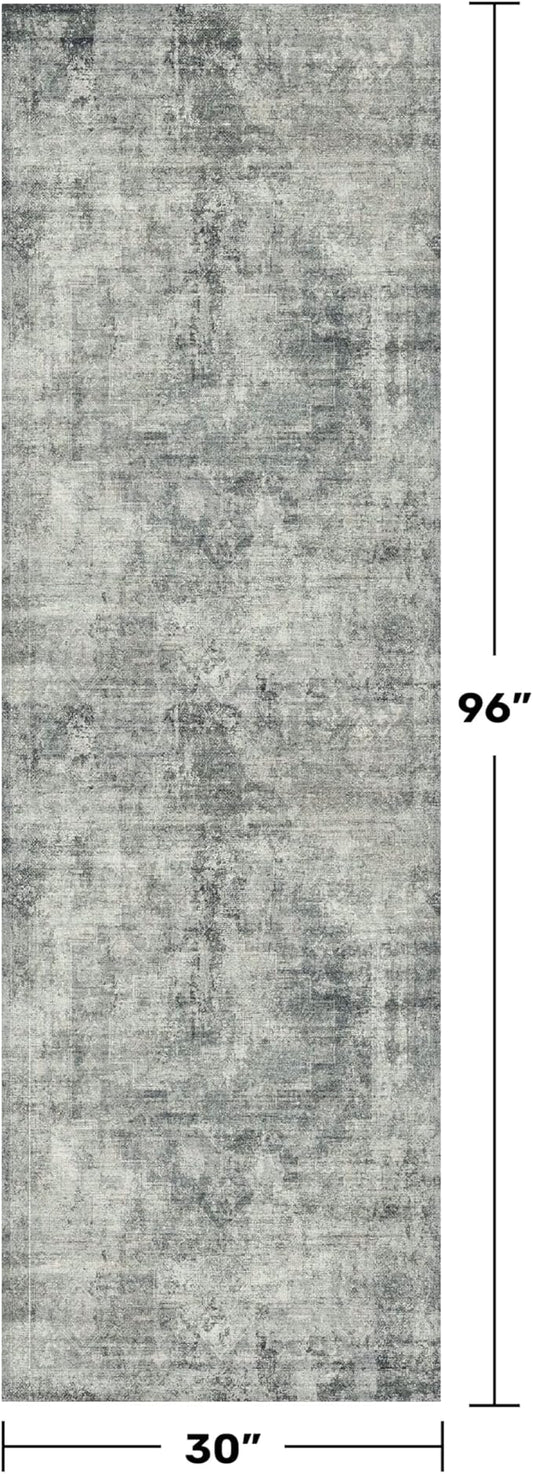 Hazo Haus 2'6"x8' Hallway Runner Rugs Non Slip, Modern 8ft Long Rug for Kitchen Floor, Entrance, Farmhouse Medallion Abstract Indoor Décor, Low Pile Stain Resistant (Slate Blue)