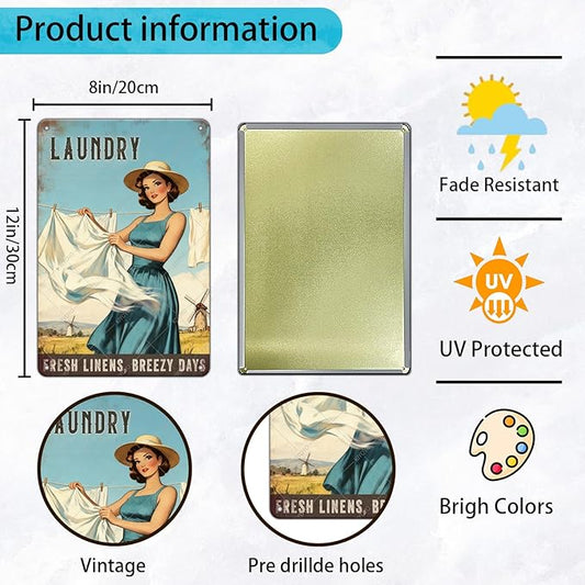 Laundry Vintage Tin Sign Funny Sarcastic Fresh Linens Breezy Days Retro Housewife Design Vintage 1950s Mom 12x8 Inch