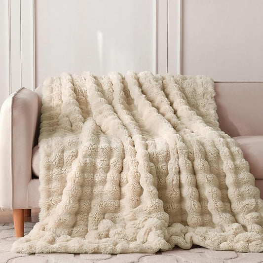COOVA Faux Fur Throw Blanket for Couch, Cozy Soft and Fuzzy Plush Rabbit Fur Bubble Blanket for Sofa Bedroom Living Room, 60x80 Inches Light Taupe