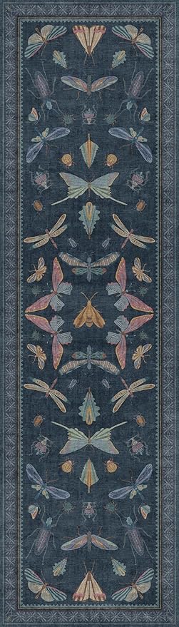 2x7 Navy Blue Bathroom Runner Rug, Washable Vintage Insect Carpet for Kitchen Floor, Hallway & Bedroom, Low Pile Soft Non Slip Rug with Rubber Backing