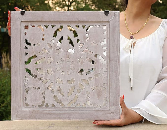 DharmaObjects Handcrafted Lotus Wood Wall Panel Decor Hanging Art 16" X 16" (White Washed)