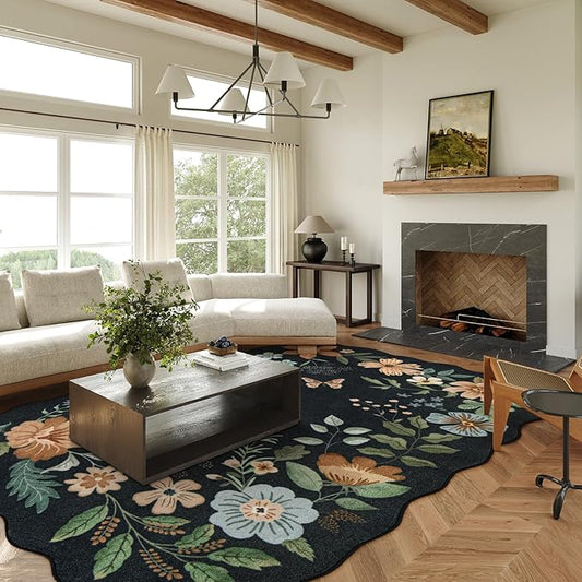 Lahome Floral 9x12 Area Rugs for Living Room Bedroom, Soft Washable Rugs 9x12 Stain Resistant, Ultra-Thin Non-Slip Boho Dining Room Rug Flore Accent Carpet for Office (9x12ft,Black/Grey)