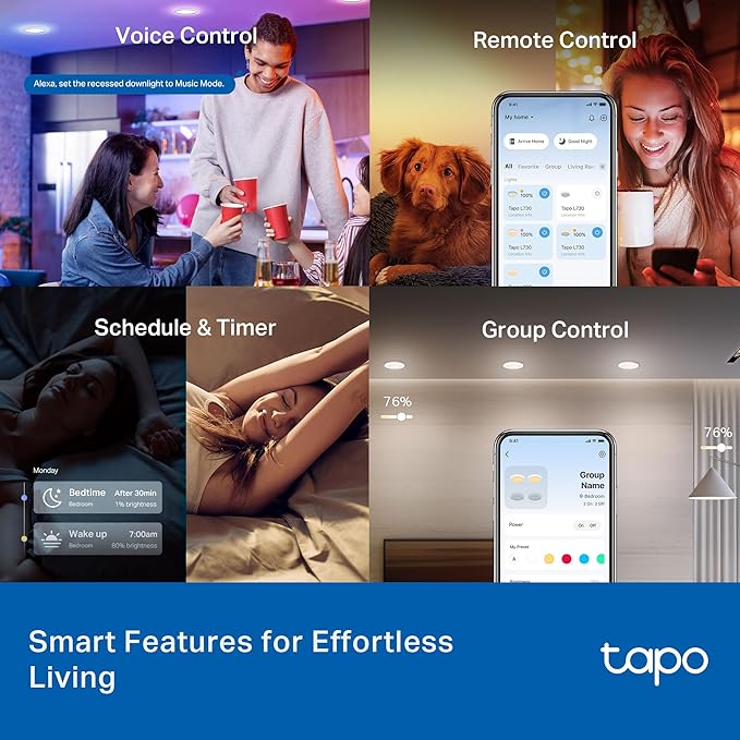 Tapo Smart 4-Inch Recessed Downlight Kit (4-Pack) - 850 lm, 16M Colors, Tunable White 2700K-6500K, Ultra-Dim 1%, Matter-Compatible, Wi-Fi & Bluetooth Mesh - L730-4 KIT