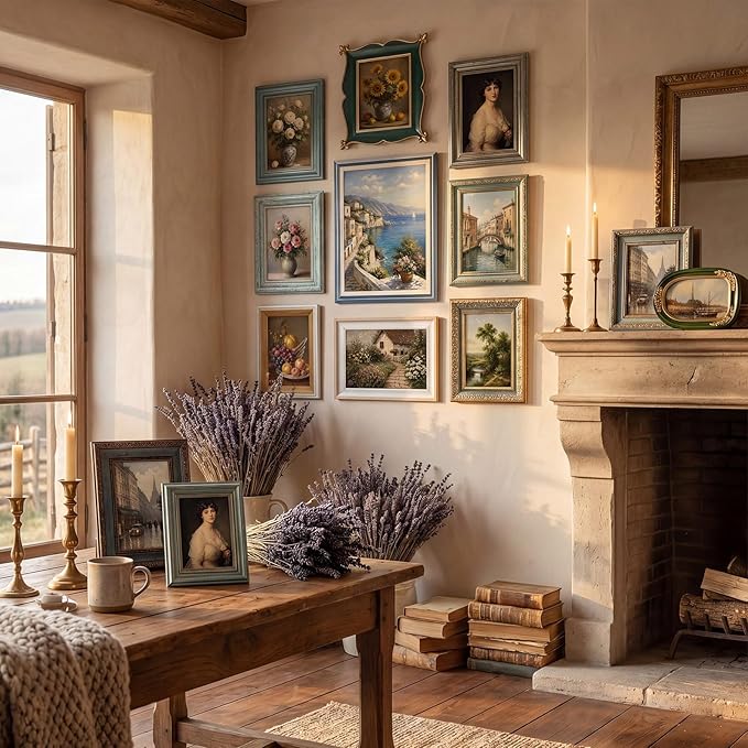 Kathfly 15 Pack Vintage Picture Frames for Wall or Tabletop Display Ornate French Country Frames Vintage Farmhouse Decor Antique Wall Art Set for Gallery Bedroom Living Room Decor (Blue-green Family)