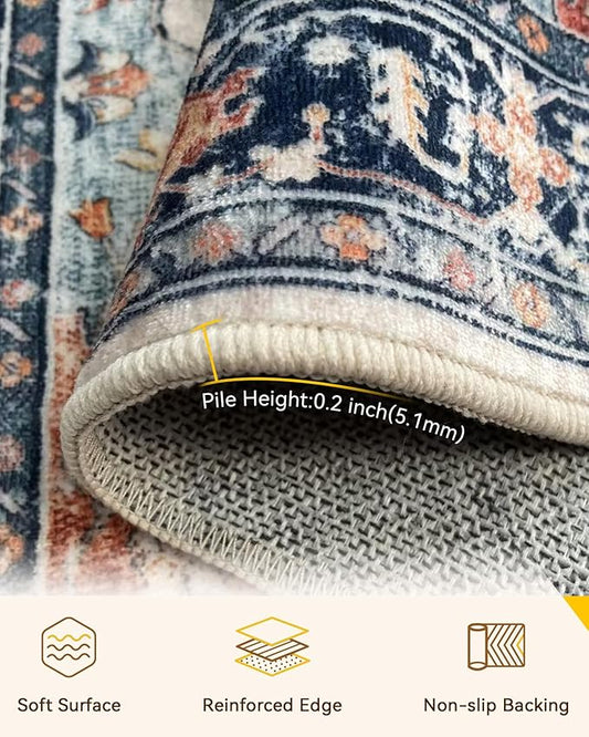 RELEANY Area Rugs 2'x5' Runner Rug Non Slip Washable for Kitchen Hallway Bedroom Beside Laundry Room Bathroom Rug, Floor Carpet, Beige Navy Blue Orange Colorful