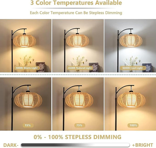 ZECOXOL Arc Floor Lamps for Living Room Bedroom Rattan Boho Floor Lamp with Remote Control,Dimmable Led Standing Lamp Wicker Lamp Shade Rustic Tall Floor Lamp Modern Flower Lamp for Bedroom Corner
