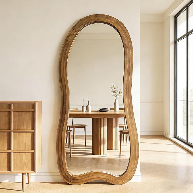 Irregular Floor Mirror, 67"x31.5" Large Wavy Mirrors with Triple Layer Solid Wood Frame, Premium Asymmetrical Full Length Mirror for Living Room Entryway Hallway Bedroom, Leaning/Hanging