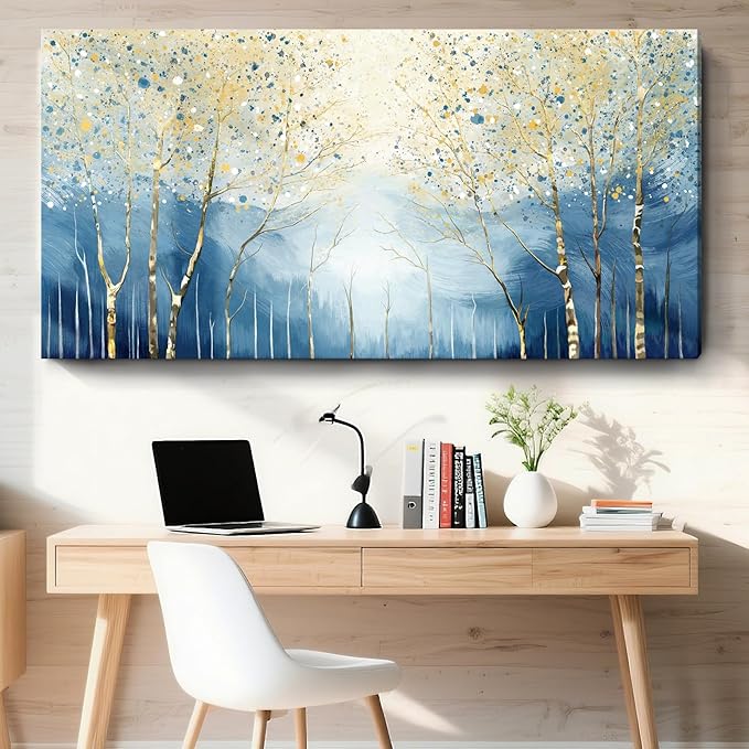 Oversized Abstract Plant Wall Art For The Living Room, Blue And Yellow Birch Forest Canvas Print, Modern Natural Horizontal Wall Decor For Bedrooms, Bathrooms, Dining Rooms, And Entryways. 58X29 Inches.