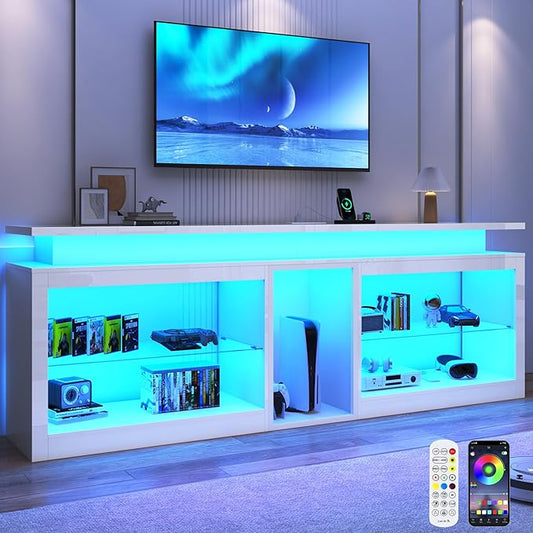 80" LED TV Stand with Power Outlet,60-Colors LED Lights For 80 85 90in TV,High Gloss Gaming Entertainment Center w/Adjustable Shelves,White TV Console with Modern Design for Living Room Bedroom