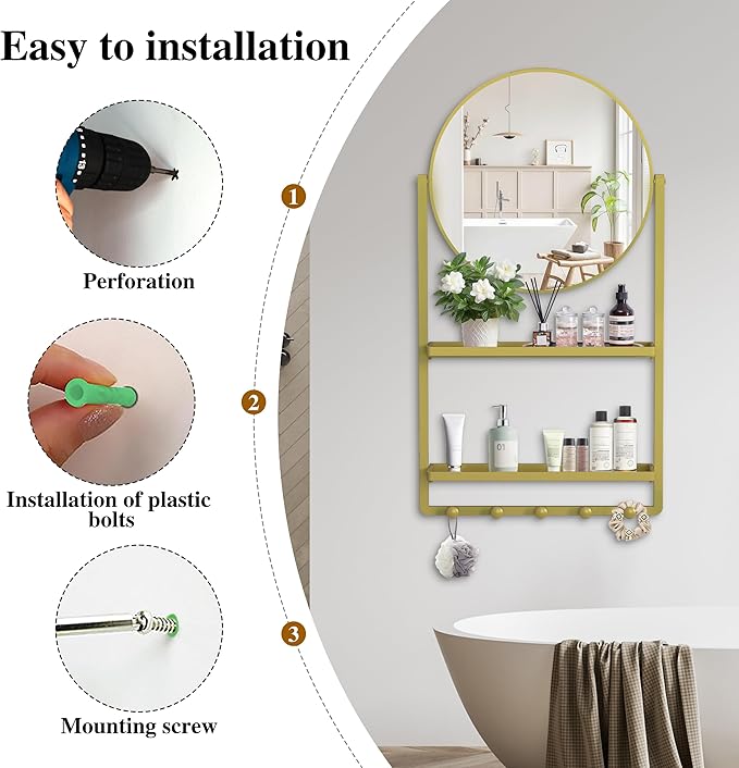 39.5" × 21.7" Gold Round Wall Mirror with Shelf and Hooks, 10° Adjustable Tilt Metal Frame Bathroom Mirror with Shelf for Bedroom, Entryway, Living Room