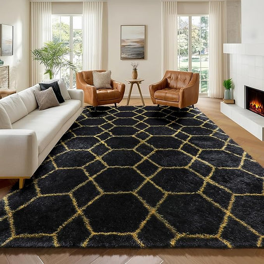 ONASAR 7x9 Area Rugs for Living Room Bedroom, Large Boho Fluffy Black and Gold Throw Rug, Geometric Soft Plush Shaggy Floor Carpet for Nursery Kids Girls Boys Teen Dorm Home Decor Aesthetic