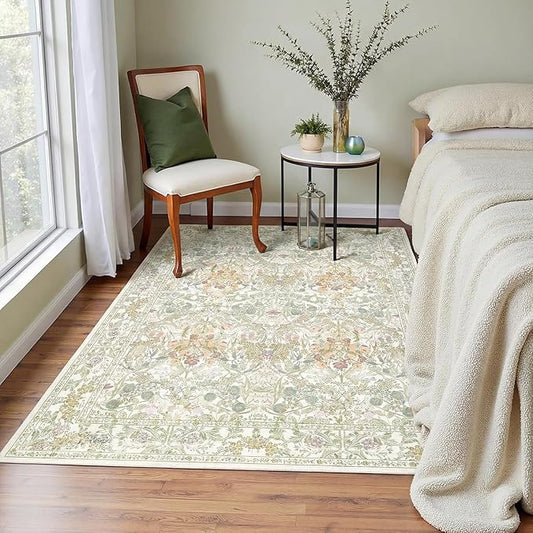 Vintage Washable Sage Green Area Rugs for Bedroom Under Bed, Living Room, Nursery, Kitchen, Entryway, Low Pile Non Slip Stain Resistance Distressed Retro Indoor (Beige Green, 4 x 6)