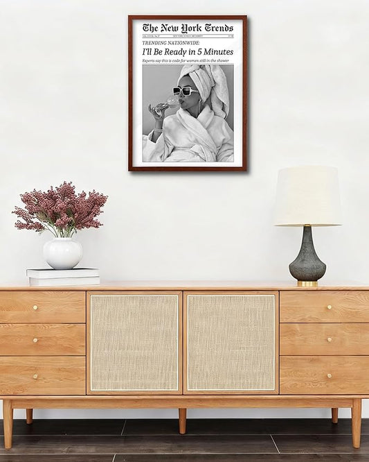 EcoHest 12x16 in Walnut Solid OAK Wood Framed Wall Art, Newspaper I'll Be Ready in 5 Minutes Print, Feminist Makeup Canvas Wall Art Home Decor, Retro Bathroom Decor, Set of 1 For Bedroom Living Room