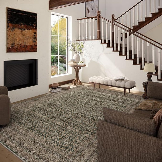 Machine Washable Rugs for Living Room: 9x12 Area Rugs Boho Vintage Rugs Stain Resistant Non Slip Low Pile Soft Lightweight Carpet for Bedroom Kitchen Dining Room Nursery Kids Room Farmhouse