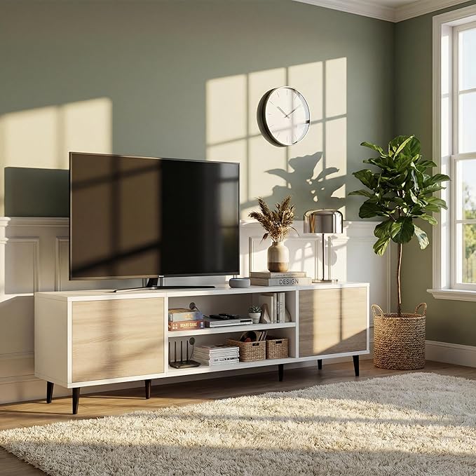 YESHOMY Mid-Century Modern TV Stand for 65-70 Inch TVs, 63 Inch Entertainment Center with Storage, Media Console with Push-to-Open Doors and Cable Management for Living Room, Bedroom(White and Beige)