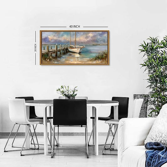 Nautical Boat Wall Art Framed Coastal Bathroom Wall Decor Vintage Classical Beach Artwork Abstract Ocean Landscape Picture Canvas Prints Seascape Seagull Artwork Living Room Home Decorations 20x40