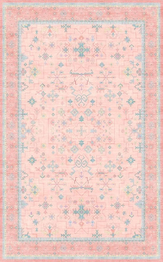 Hazo Haus Pink and Blue Washable 5x8 Living Room Rugs, Boho Aethestic Oushak Vintage Area Rug for Bedroom Girls Kids Playroom Nursery Room, Non-Slip Rubber Backing Stain Resistant