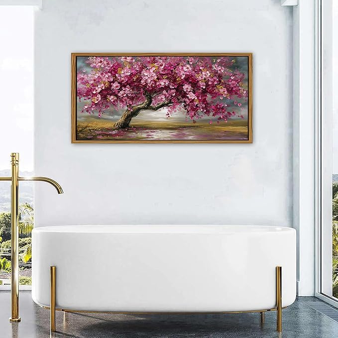 Framed Red Pink Tree Wall Art Tree of Life Picture for Living Room Colorful Flower Wall Decor Abstract Nature Scenery Texture Prints Canvas Painting Watercolor Artwork Bedroom Kitchen Decoration 24x48