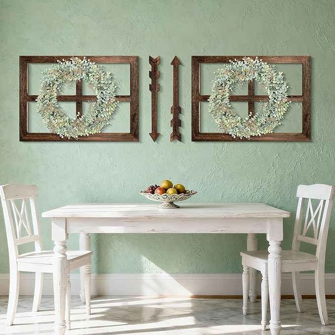WAKOSAN Rustic Wood Window Frame with Green Wreath and Arrows Wall Decor, Farmhouse Wooden Fake Window Decoration for Bedroom Living Room,Set of 2 (Large Brown)