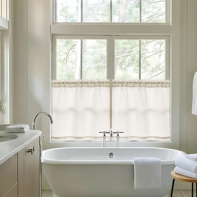 Natural Linen Kitchen Window Curtains Over Sink 36 Inch Length for Farmhouse Cafe Bathroom Small Window Drapes Cream Semi Sheer Light Filtering Privacy Small Curtains W34xL36