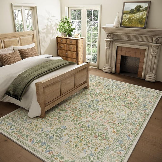 Washable Area Rugs for Living Room: 5x7 Bedroom Rug Vintage Rugs Stain Resistant Non Slip Low Pile Lightweight Soft Carpets Rugs for Dining Room Kitchen Nursery Kids Room Farmhouse Living Room
