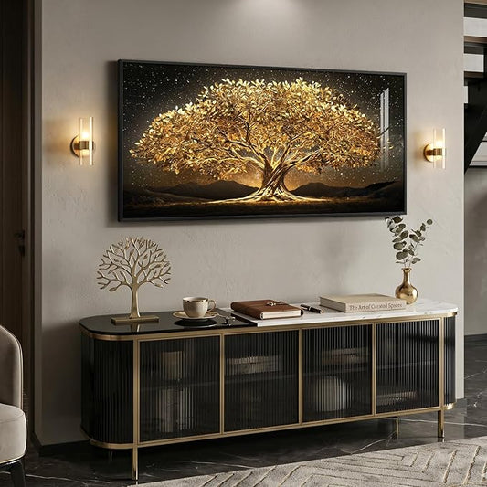 Large Framed Black and Gold Tree of Life Wall Art, Modern Luxury Tree Painting Print Artwork for Walls, Contemporary Dark Elegant Glam Picture for Living Room Bedroom Office Wall Decor, 60x30 Inch