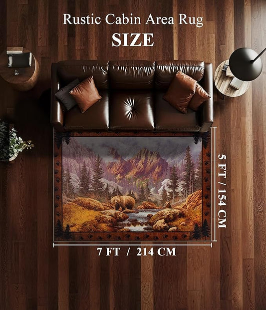 YIHOUSE Rustic Cabin Area Rug for Bedroom 5x7,Machine Washable Woodland Bear Rug,Non-Slip Low Pile Print Pattern Mountain Rug for Living Room