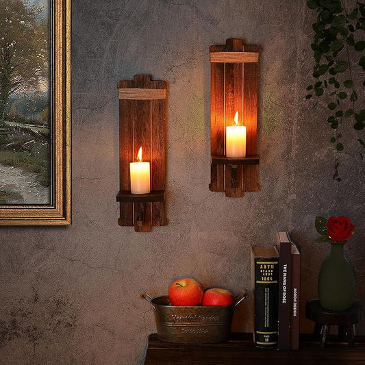 Alphatool Farmhouse Wall Decor Candle Sconces - 2 Pcs Vintage Rustic Handmade Wooden Wall-Mount Candle Holders for Bedroom Livingroom Home Hanging Art Decorations Accessories Gifts, Brown