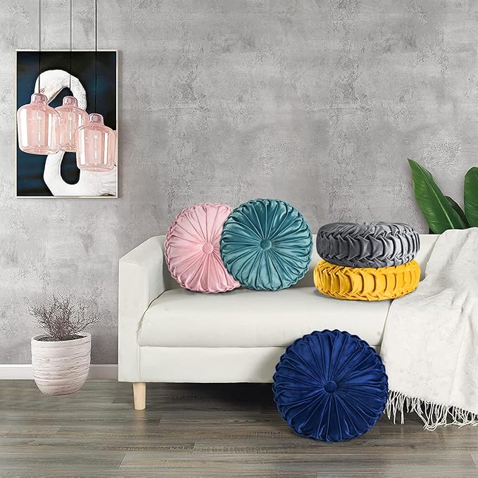 HIG Set of 2 Decorative Round Pleated Throw Pillows, Classy Accent Pumpkin Throw Pillows with Center Button, Vintage Velvet Floor Pillows for Sofa Vanity Chair Bed, Dark Gray, 14.5" Diameter(Ripple)