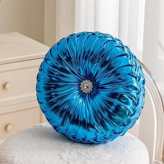 Round Throw Pillows, Soft Spandex Fabric Pumpkin Pleated Handmade Metallic Decorative Throw Pillows Floor Pillows Cushion for Sofa Couch Bed Living Room Chair Decoration, Blue