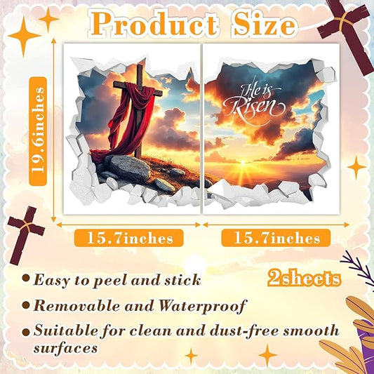 Easter Wall Decoration Stickers He is Risen Wall Art Vinyl Decals Peel and Stick 3D Broken Cross Landscape Stickers Religious Christian Art Murals for Spring Holiday Living Room Kitchen Supplies