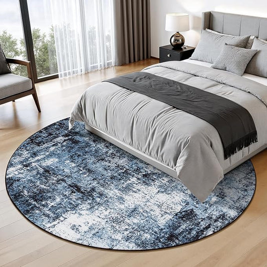 Rugflix Round Area Rugs 6Ft for Living Room, Washable Circle Rug Stain-Resistant Low Pile, Modern Dark Carpet for Bedroom Dining Room Home Office Kid Nursery Room, Navy Blue/Black
