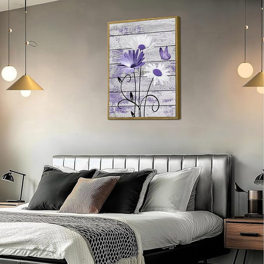 HVEST Farmhouse Purple Floral Framed Wall Art for Living Room, Daisy Butterfly on Rustic Wood Wall Art Nature Plant Flower Pictures for Bathroom Bedroom Office Apartment Decor, 17L X 12W inches