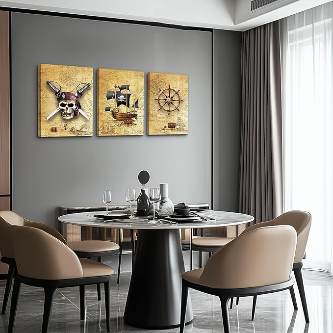Pirate ship and rudders Canvas Wall Art for Living Room Bedroom Decoration wall painting,Bathroom Wall Decor Home Decoration kitchen posters artwork,Adventure map decoration 16x12 inch/ 3 piece set