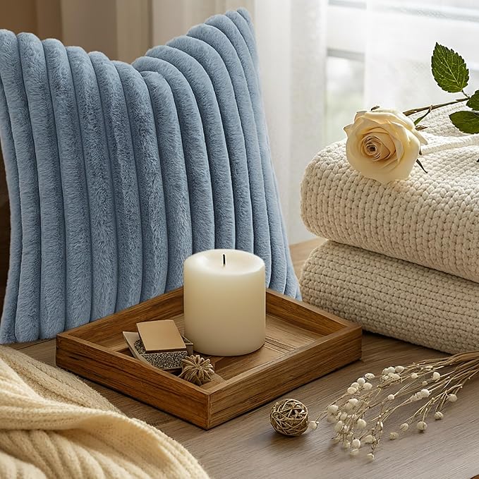 decorUhome Cozy Faux Fur Throw Pillow Covers 24x24 Set of 2 Decorative Soft Plush Striped Modern Farmhouse Boho Couch Euro Sham Pillow Cases with Velvet Back for Sofa Bed Living Room, Grey Blue