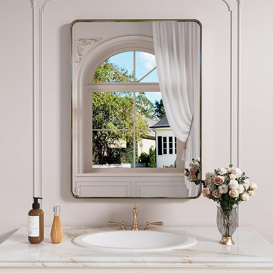 JISOSO Bronze Bathroom Mirror 24x36 Inch, Brushed Bronze Metal Frame Mirror for Wall, Rounded Rectangle Bathroom Vanity Mirror with Tempered Glass, Anti-Rust, Horizontal/Vertical
