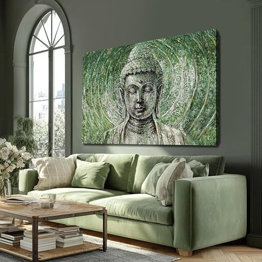 ZENPEE Large Green Buddha Wall Art 32x48 Inch, Zen Canvas Wall Art for Living Room Bedroom, Spiritual Meditation Wall Decor, Buddha Print for Home