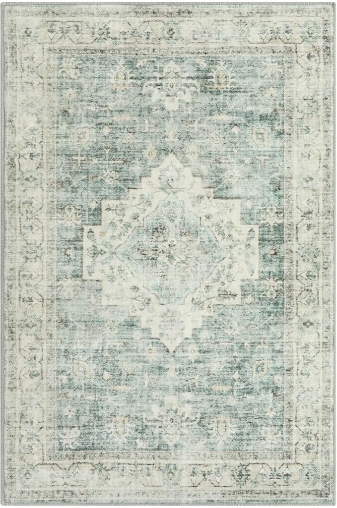 LIVEBOX Washable Rug 2x3 Kitchen Mats for Floor Entryway, Non Slip Front Door Mat for Bathroom Hallway, Boho Low-Pile Small Carpet Farmhouse Throw Indoor Rugs for Bath Sink, Sage Green