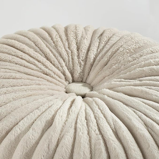 HIG Decorative Round Throw Pillows for Bed Couch -Set of 2 Handcraft Ruched Pumpkin Pillow, Soft and Durable Flannel Floor Pillow for Home Decor, Bed Living Room and Sofa (Beige,14.5"x14.5")